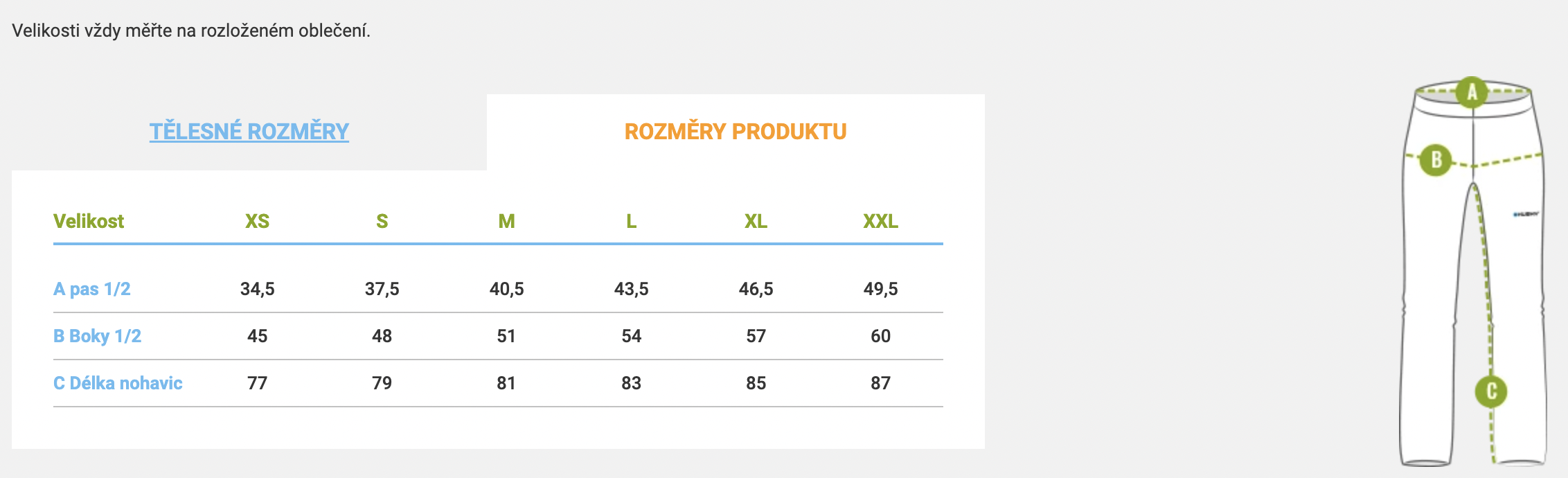 velikostni tabulka damskych lyzarskych kalhot Husky Gilep